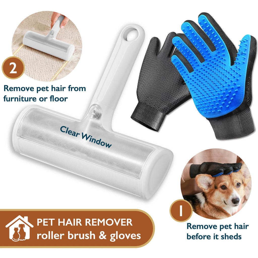 Pet Hair Remover & Pet Grooming Gloves Set